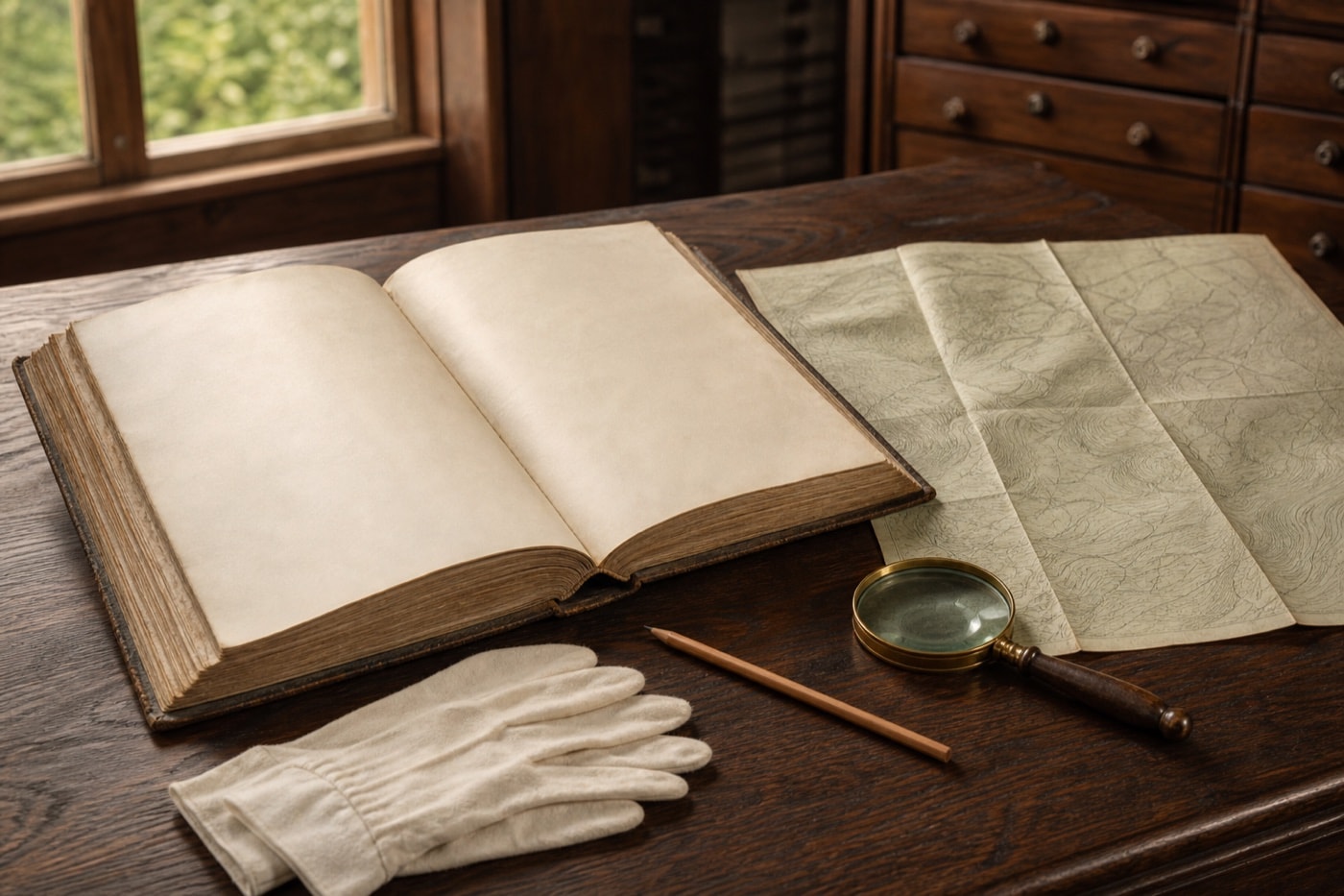 Open county ledger and map arranged on a wooden research table
